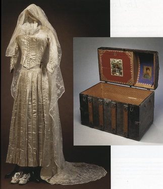 Wedding dress and trousseau trunk of Rebecca Winstock Rosenberg, ca. 1885