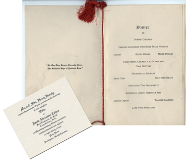 Wedding invitation and menu, Darlington, S.C., 1918