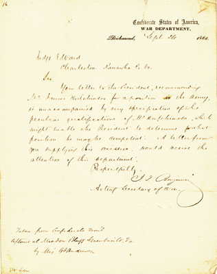 Letter from J. P. Benjamin, Acting Secretary of War Richmond, Virginia, September 26, 1861 