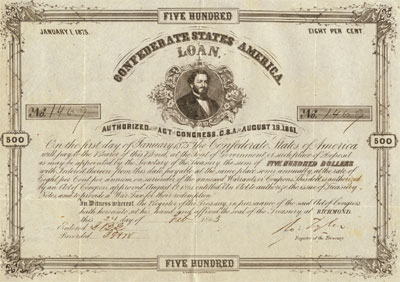 $500 Confederate bond, dated February 24, 1863 