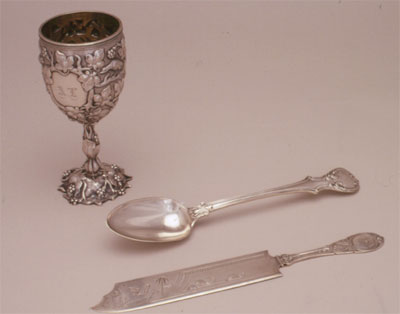 Kiddush cup, rice spoon, and cake knife of Lazarus family